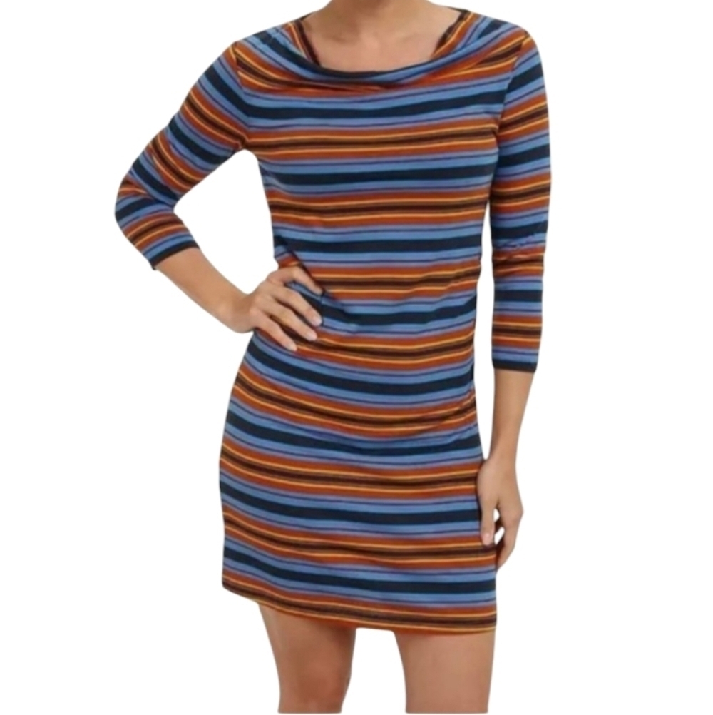 Patagonia Women's Cowl Neck 3/4 Sleeves Multicolor Striped Dress Stretch Size XS